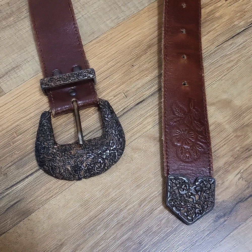 AXCESS Brown Embossed Floral Leather Belt Ornate Buckle & Tongue End